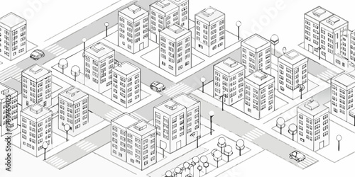 Isometric illustration of a detailed urban cityscape with buildings and roads