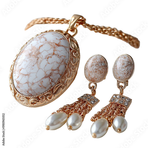 Gold-toned necklace and earrings set with white and brown marbled stones, pearls
