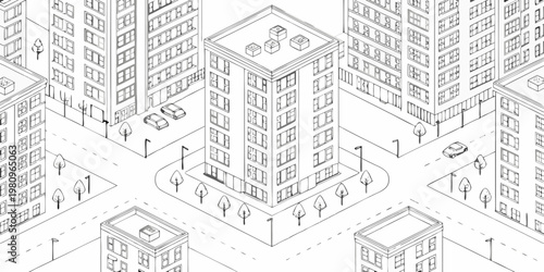 Isometric illustration of a city street with detailed building outlines