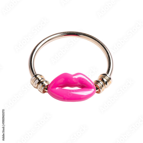 Gold-toned ring with pink glossy lips, isolated against black background