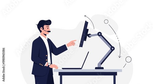 Man with headset and laptop at desk with adjustable monitor arm, modern office illustration