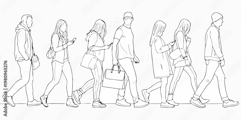 Obraz premium Line art illustration depicting a group of people walking in a city