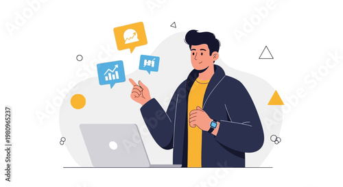 Man with laptop and analytics charts, business growth concept