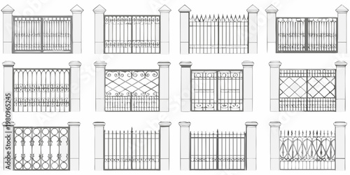 Collection of ornate wrought iron gate designs in a linear arrangement