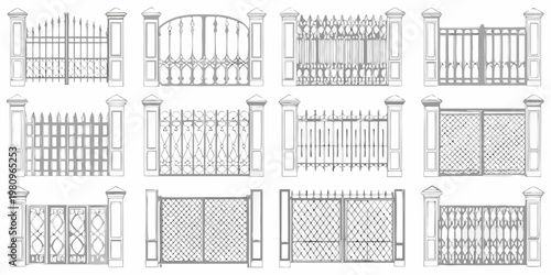 Architectural sketches of ornate wrought iron gates and fencing designs