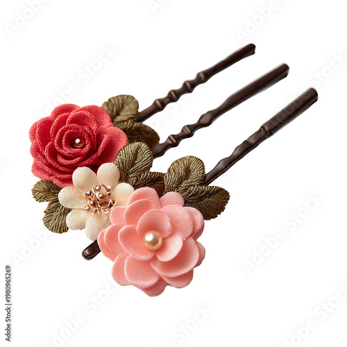 Intricate hair comb featuring floral embellishments of different colours, set against black