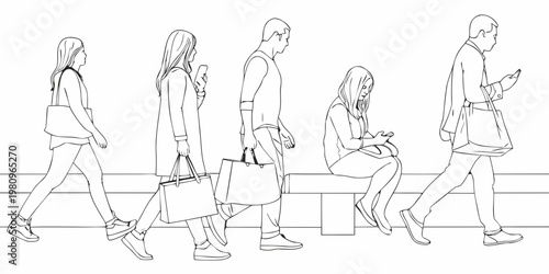 Line drawing depicts people absorbed in their phones while in public