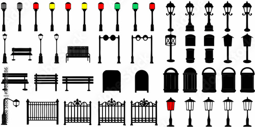 Collection of various black street lamps benches and urban elements