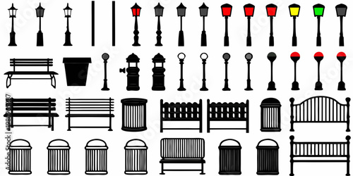Collection of black and white street lamps benches and park furniture