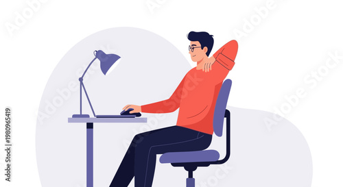 Man with neck pain at computer desk, office worker stretching shoulder, ergonomics concept