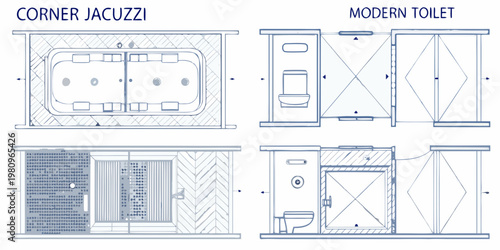 Bathroom fixture blueprints showcasing jacuzzi toilet and shower designs