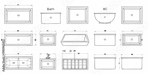 Architectural blueprints showcasing various bathroom fixture top down views