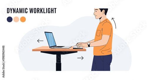 Man working at a dynamic standing desk, ergonomic office setup, healthy lifestyle