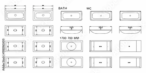 Technical drawing displaying various bathroom sink and toilet layouts