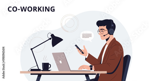 Man working in co-working space with laptop, phone, and headset