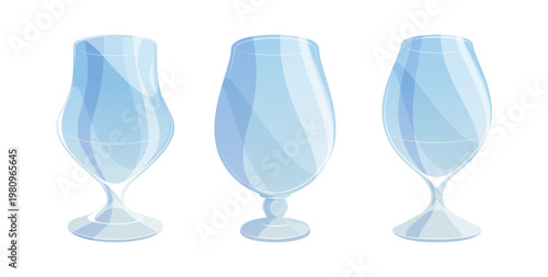 Tulip shaped glasses set. Vector isolated cartoon mugs designed for serving strong ales. Tankards for alcoholic drinks. Barware catalogs, craft beer branding, product packaging or promotional beverage