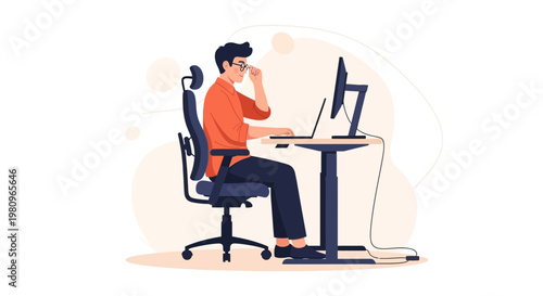 Man working on computer at desk, adjusting glasses, modern office, illustration