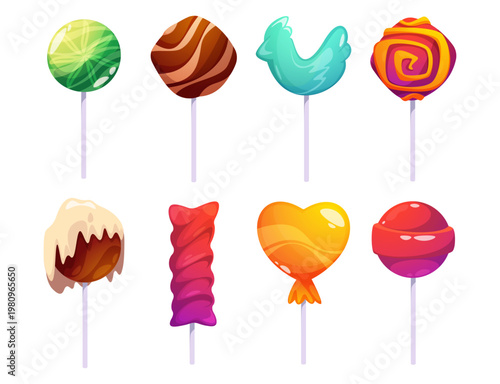 Sugary caramel on stick, lollipop candies with swirls. Vector isolated delicious food for kids and adults. Shop or store with assortment of goods. Tasty bonbon for dessert in different shapes