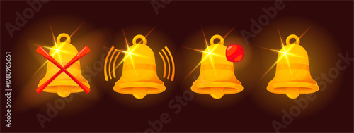Notification bell icons set. Vector incoming inbox message or alert symbols collection. Ringing chime and notice for clock and smartphone, social media reminder and alarm announcement