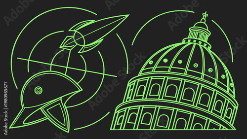Neon green line art illustration of rocket launching near capitol building representing space innovation technology and government concept on dark background