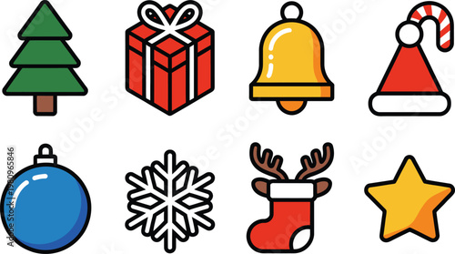 Christmas icons set: green tree red gift box yellow bell santa hat blue ornament snowflake reindeer stocking yellow star with gift giving christmas eve holiday spirit christmas ornament