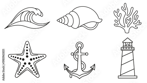 A set of nautical icons including wave, shell, coral, starfish, anchor, and lighthouse