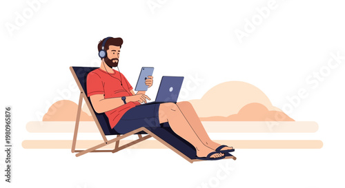 Man working on laptop and tablet on beach chair with headphones, remote work concept