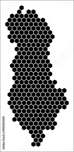 Albania simple black and white hexagon map shape template. Country plain hexagon cell dots. Albania flat honeycomb boundary. Vector Illustration.