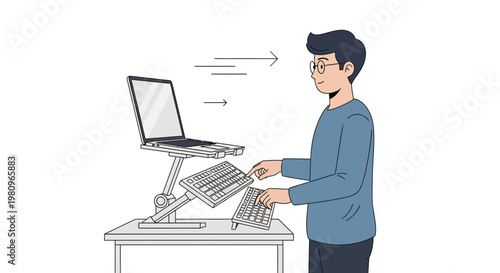 Man working on laptop at adjustable standing desk with dual keyboards