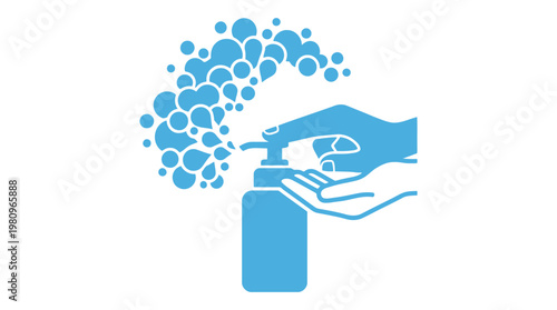Hand sanitizer pump bottle with spray droplets icon for hygiene and healthcare illustrations.