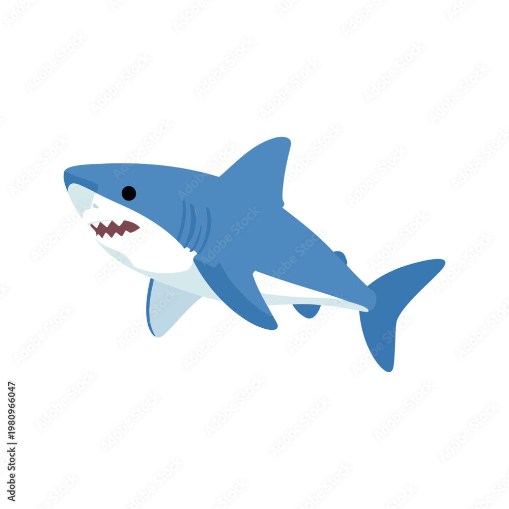 Fototapeta premium Illustration of a blue shark with white belly and red gums isolated on white backdrop