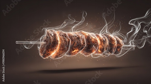 Abstract wireframe rendering of cooked food on a skewer with smoke effect.