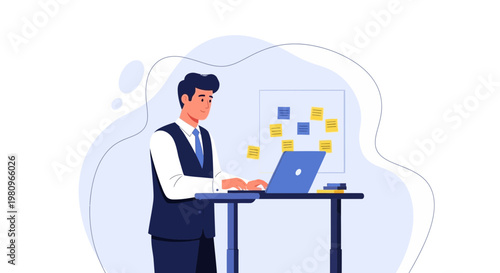 Man working on laptop at standing desk with sticky notes on board, modern office concept