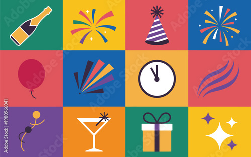 New year celebration icons collage with champagne bottle fireworks party hat balloon streamers clock cocktail gift box sparkles party popper celebration champagne fireworks streamer