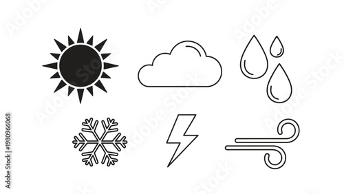 Weather icons including sun cloud rain snow lightning and wind