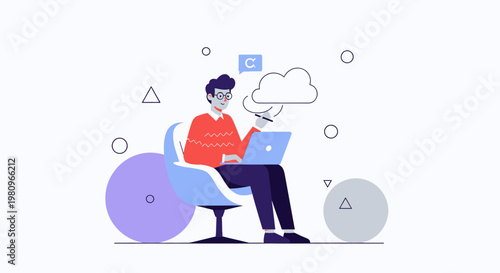 Man working on laptop with cloud computing concept and abstract shapes