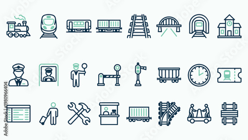Railway and Train Transportation Outline Icon Set