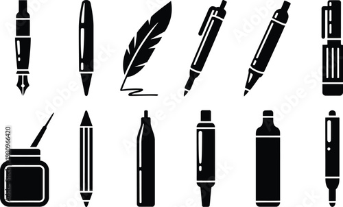 Collection of black silhouette icons representing various writing instruments including pens pencils a quill with ink writing utensil writing desk writing pad writing implement