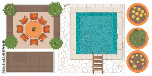 Aerial view of a backyard featuring a pool patio and flowerpots