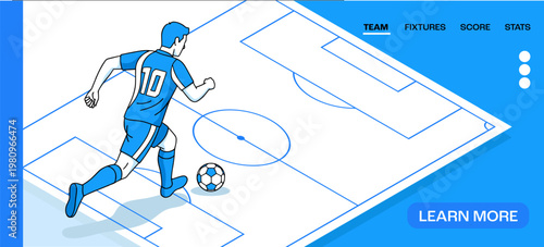 Soccer landing page UI design with football player illustration modern sports website interface concept