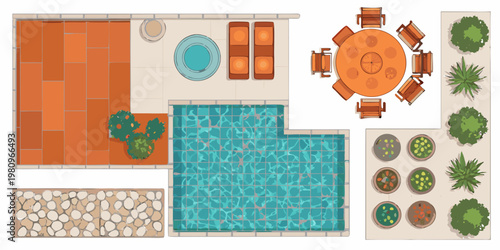Aerial view of a backyard patio with a pool and garden areas