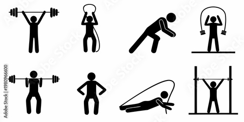 Stick figures demonstrate various fitness exercises and physical activities