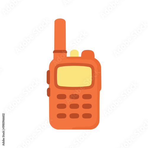 Orange walkie talkie with antenna is depicted in simple cartoon style on a white background