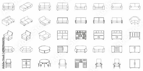 Collection of furniture outlines sofas chairs tables and storage units