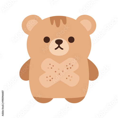 Cute cartoon bear with bandage on its belly standing against a white background