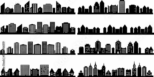 Black silhouettes depict a modern city skyline repeated in rows