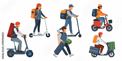 Diverse couriers using scooters and bikes for efficient urban deliveries