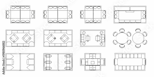 Architectural floor plans illustrating diverse seating arrangements and room layouts