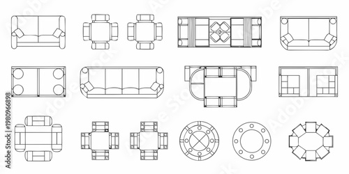 Overhead view of various furniture arrangements and table layouts