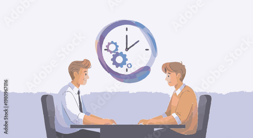 Business man working at desk with clock in background